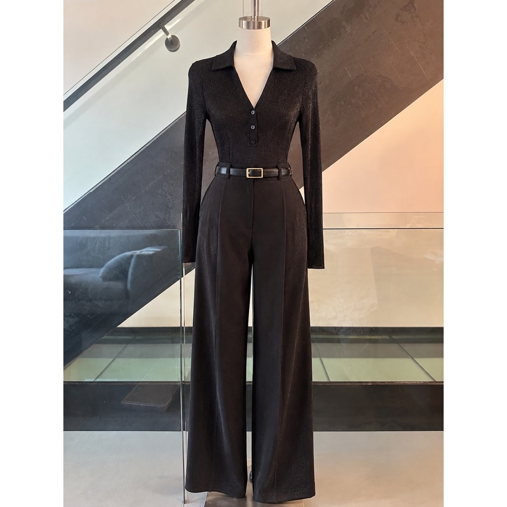 COS Black Metallic Ribbed Knit Polo Top Long Sleeve V-Neck Shimmer XS